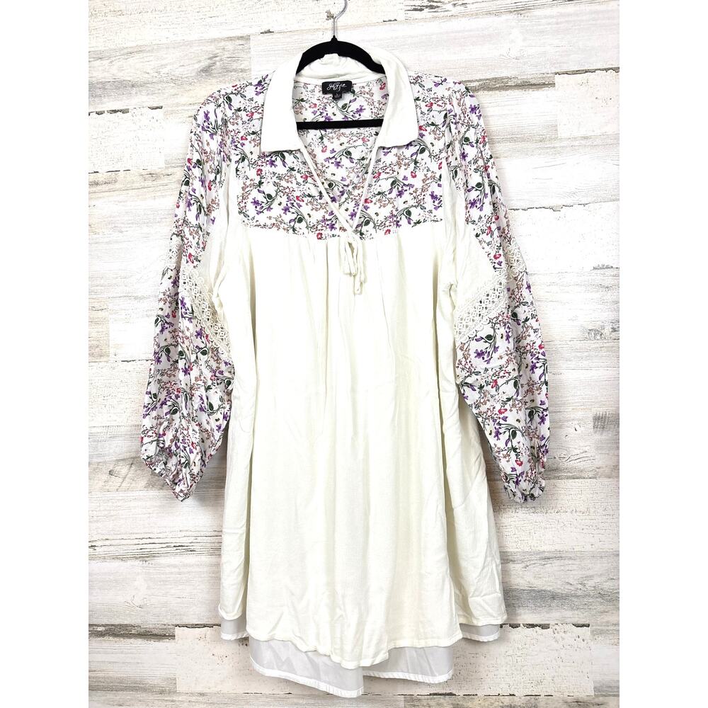 Gi Gio Womens L White Multi Floral Lined Boho Chic Mini Dress NEW